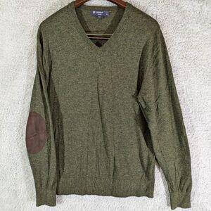 Cremieux Men's Medium Wool Blend Sweater V Neck Leather Elbow Patches green